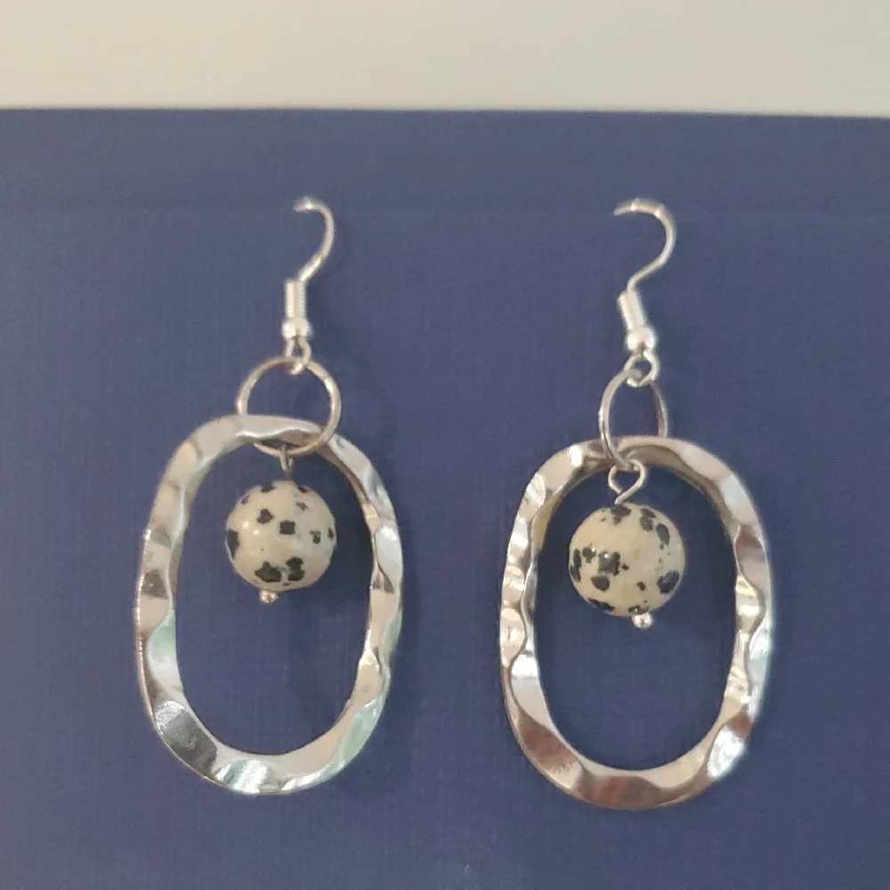 Silver-tone and Black Dangle Earrings, Hammered / Textured